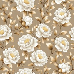 A decorative floral pattern featuring white and gold flowers against a neutral brown background.