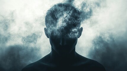 Stressed human silhouette with dark clouds above, representing the overwhelming nature of overthinking and depression. No logo, anxiety concept.