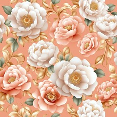 A vibrant floral pattern featuring soft pink and white roses intertwined with green leaves against a peach background.