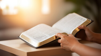 Naklejka premium Hands holding a Bible, with a second book open for additional study, set on a simple wooden table in a quiet home. The room is softly lit, and a sense of calm and purpose fills the