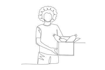 Woman holding cardboard trash can. Waste collection concept one-line drawing