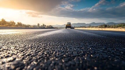 Freshly paved black asphalt road under bright sunlight with a smooth glossy surface and construction machinery visible in the background depicting a new infrastructure development project