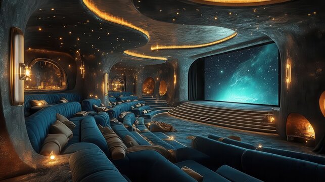 retrofuturistic cinema interior plush blue velvet seats facing curved silver screen neon accents glowing softly art deco inspired ceiling details expectant atmosphere