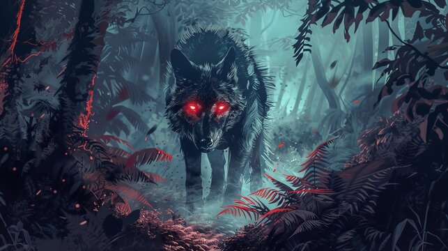 Mystical red-eyed wolf standing in a dark enchanted forest with dense fog and silhouetted trees, capturing a mysterious and powerful atmosphere, perfect for fantasy-themed visuals, mythical creatures,