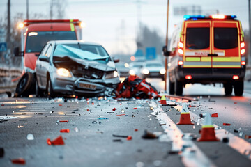 Emergency Service in a Traffic Accident with ambulances and police at crash site of wrecked cars emphasizing driver safety