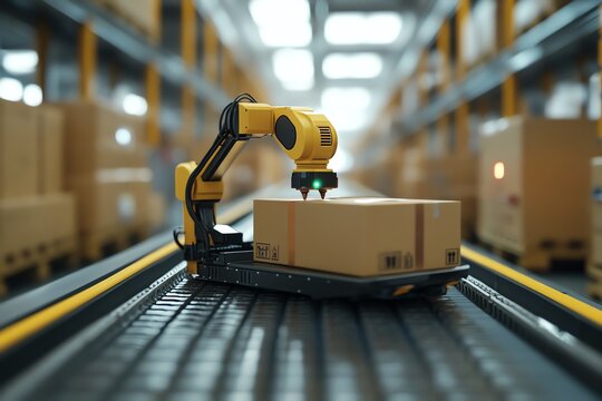 A robotic arm moves along a conveyor belt in a warehouse, picking up a cardboard box.