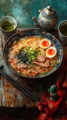 A bowl of ramen with various toppings such as sliced pork and a halved boiled egg, served on a wooden table next to a teapot and cups. 