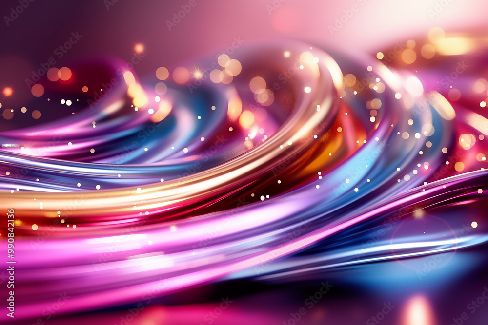 Poster dynamic waves of colorful swirls ripple across a surface, illuminated by soft lights and shimmering 