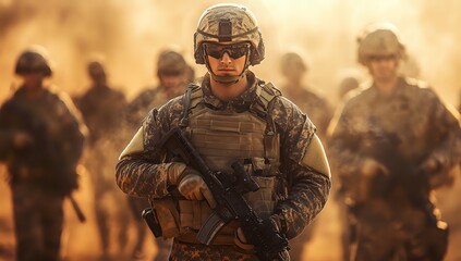 Obraz premium A soldier in camouflage uniform with a helmet and goggles holds a rifle and looks seriously ahead in a dusty desert landscape.