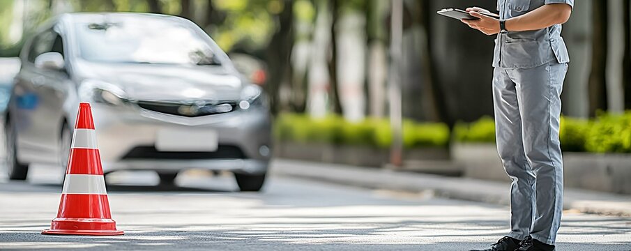 A car veering off course and hitting a traffic cone during a driving course test the instructor watching from a distance clipboard in hand assessing the situation