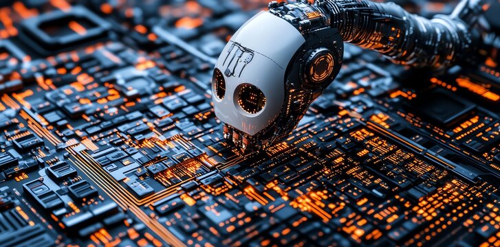 A robotic arm with a skull-like head rests on a circuit board with glowing orange lines.