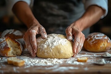 Fototapeta premium Hands skillfully kneading fresh dough on a wooden surface with baked bread nearby