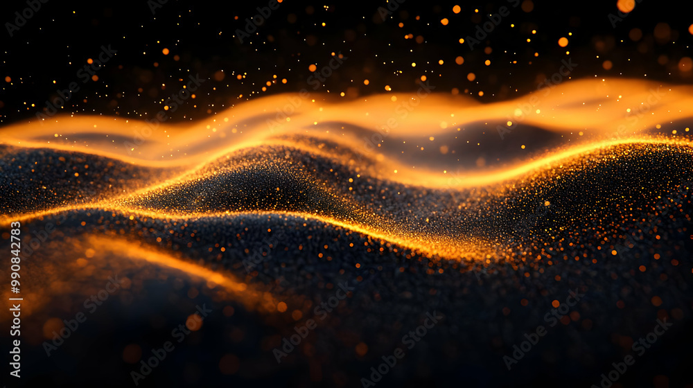 Poster abstract wave pattern with shimmering golden particles on a dark background, creating a sense of dep