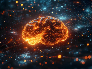 Abstract representation of a glowing brain with luminous connections set against a cosmic background.