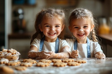 Happy family funny kids baking cookies in kitchen