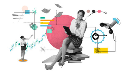 Businesswoman sitting on stack of books, deep in thought with tablet, charts and tech diagrams floating around, highlighting financial growth and market analysis. Concept of business, investment