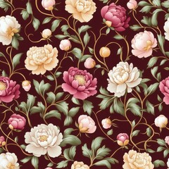 A vibrant floral pattern featuring peonies in shades of pink and cream, intertwined with green leaves on a dark burgundy background.