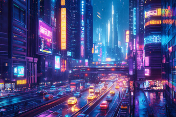 Fototapeta premium background with a bustling city road, featuring neon signs, busy traffic, and towering skyscrapers