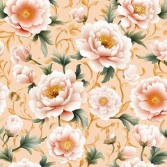 A beautiful floral pattern featuring soft pink peonies and green leaves on a warm peach background, evoking a sense of elegance and nature.