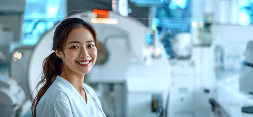 Fototapeta premium A healthcare professional smiles in front of medical equipment, dressed in scrubs and appearing confident.