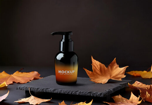 Cosmetic Bottle Mockup on a Slate Table Dark Studio Backdrop Product Photography Style with Autumn Dry Leafs with Generative AI