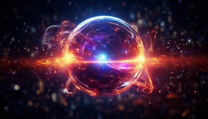A glowing sphere radiates vibrant energy in this abstract digital art piece. Surrounded by colorful streaks and particles, it evokes a sense of cosmic power and dynamic forces in motion.. AI