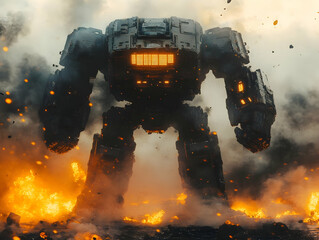 A giant futuristic robot stands amidst flames and smoke, showcasing advanced machinery and power.