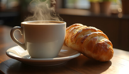 Steaming cup of coffee with a warm pastry on a wooden table