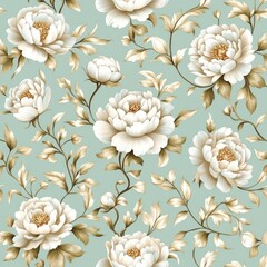 A delicate floral pattern featuring creamy white peonies on a soft blue background, showcasing intricate details and elegant design.