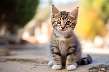 Cute kitten sitting outdoors staring at camera with playful eyes