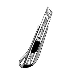 Stationery knife. Tool for cutting paper and plasterboard. Monochrome vector illustration. Office and construction. For background, banner. In outline style