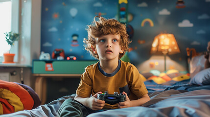 A little teenage boy is sitting in his nursery playing an online video game. A focused young gamer playing a game. A gamer's game console playing with a gamepad, a game console for a guy
