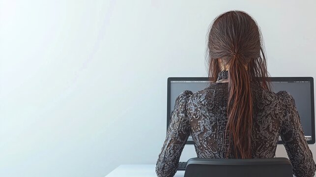 Renaissance woman types on a modern computer in an office, blending historical attire with contemporary technology in a unique 3D illustration. 