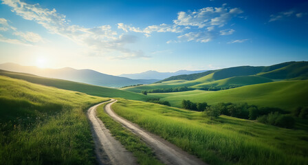 A green valley with rolling hills under clear blue skies, featuring a dirt road curving through the grasslands, creating a calming and natural scenic view in a horizontal composition.