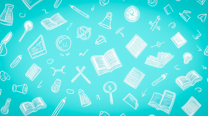 A pattern with white doodles featuring books, pencils, and scientific icons on a teal background, ideal for educational and research-based designs.