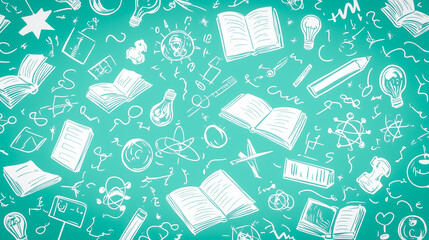 Teal background filled with hand-drawn doodles, featuring education-related icons like books, lightbulbs, and scientific tools, perfect for academic content.