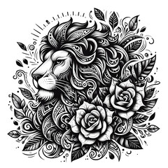 Obraz premium black and white tattoo sketch, lion, lion tattoo