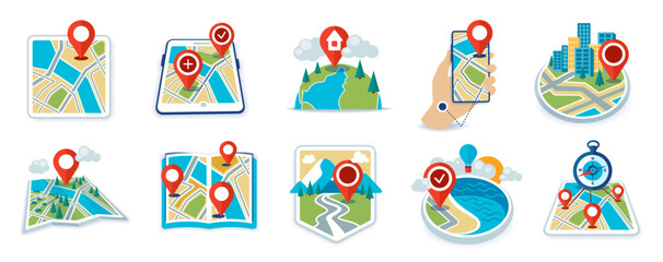 Fototapeta premium Set of location icons on smartphone and paper for navigation