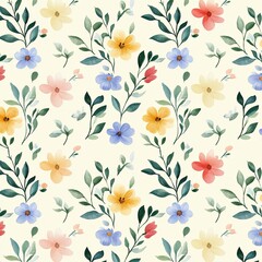 Obraz premium A vibrant floral pattern featuring colorful flowers and delicate leaves on a soft background, perfect for textiles and design projects.