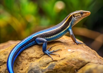 Obraz premium A blue-tailed skink perches proudly on a rocky outcropping, its shimmering tail curved like a scimitar, announcing its