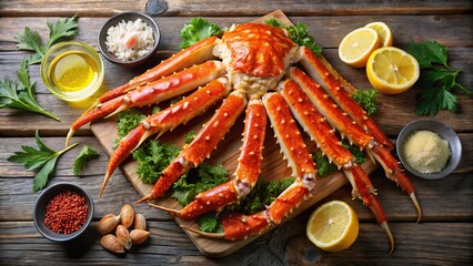A bounty of large, succulent Alaskan king crab legs piles high on a distressed wooden table, served with