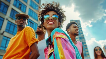 Fototapeta premium Vibrant outfits and joyful expressions, young people in an urban environment enjoying music