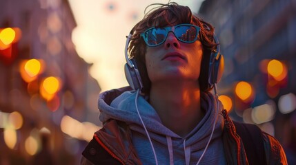 Obraz premium Urban youth in trendy fashion, headphones on, enjoying a vibrant city atmosphere
