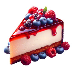 A slice of rich cheesecake with a berry topping on a transparent background.