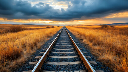Obraz premium A serene landscape of railway tracks stretching into a vibrant sunset over golden grasslands.