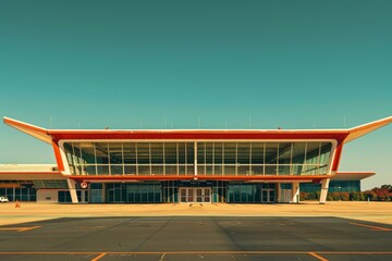 Retro airport terminal with a large glass facade is bathed in warm sunlight