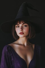 Portrait of a Caucasian woman with a bob hairstyle, wearing a gothic purple dress and witch hat, copy space, in a dark black studio background, Halloween theme, supernatural elegance, soft lighting