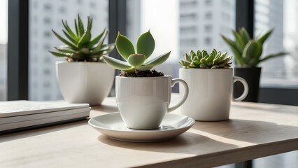 Modern minimalist office desk with laptop, coffee cup and succulent plant in white pot. Bright natural light.