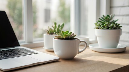 Modern minimalist office desk with laptop, coffee cup and succulent plant in white pot. Bright natural light.