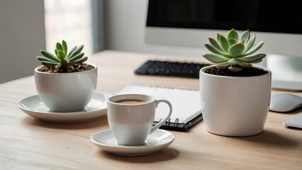 Modern minimalist office desk with laptop, coffee cup and succulent plant in white pot. Bright natural light.